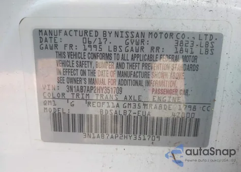 2017 Nissan Sentra S from USA, damaged, VIN 3N1AB7AP2HY351709